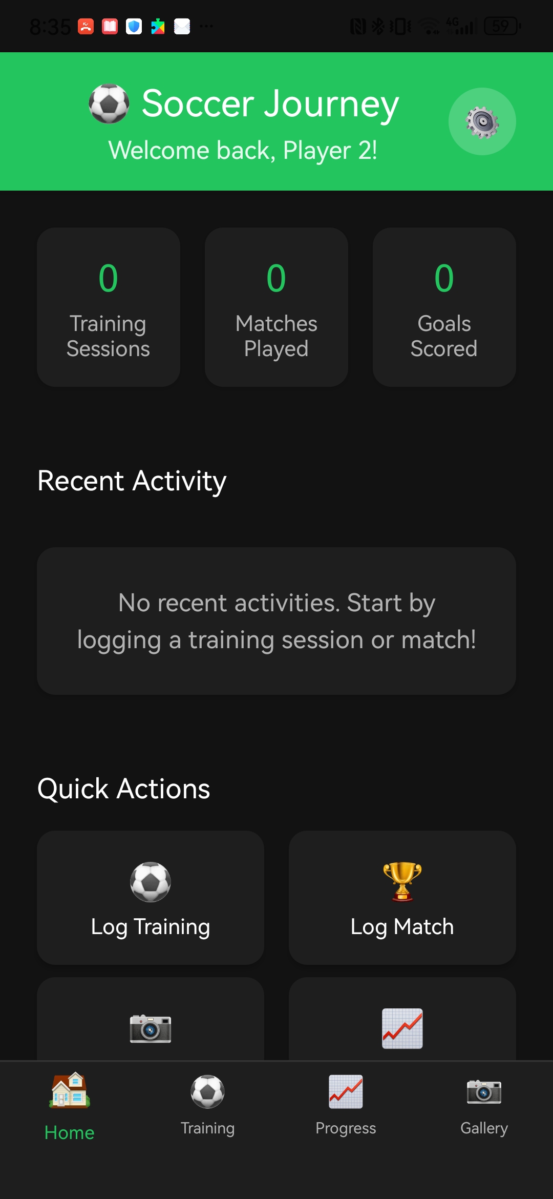 Dashboard showing statistics and activity timeline